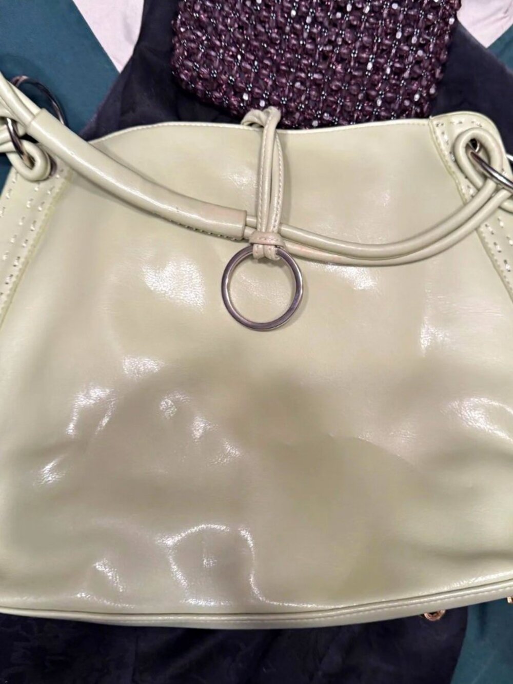 90S! BCBGMAXAZRIA Women's LEATHER Strap Shoulder Bag w/ Silver Ring NEVER USED!